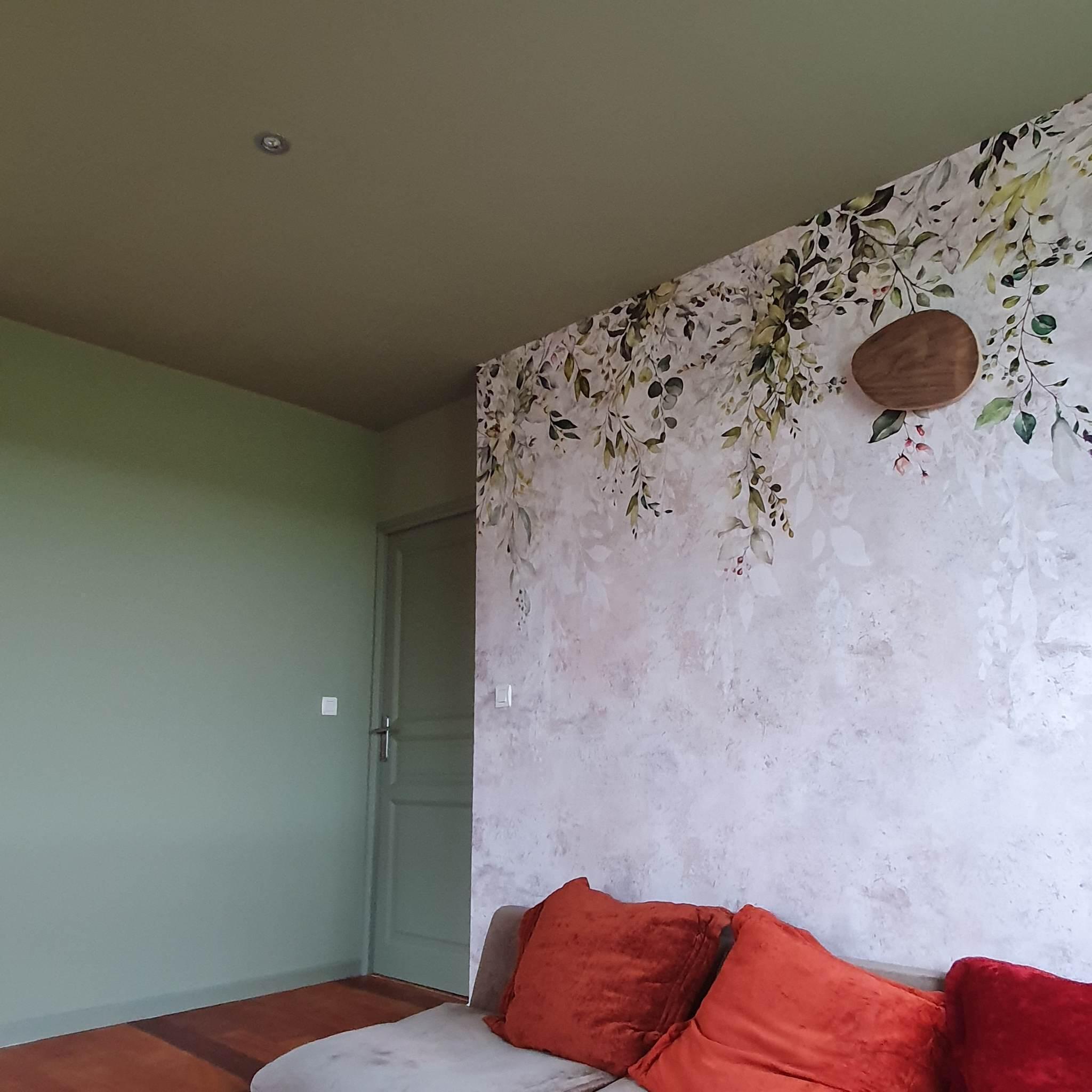 peinture mur et plafond vert salon cosy